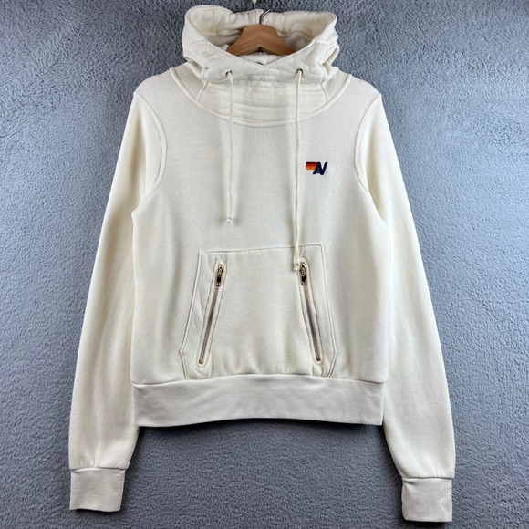 Aviator Nation Tops - Aviator Nation Cream White Rainbow Logo Funnel Neck Hoodie Zip Pocket Women XS